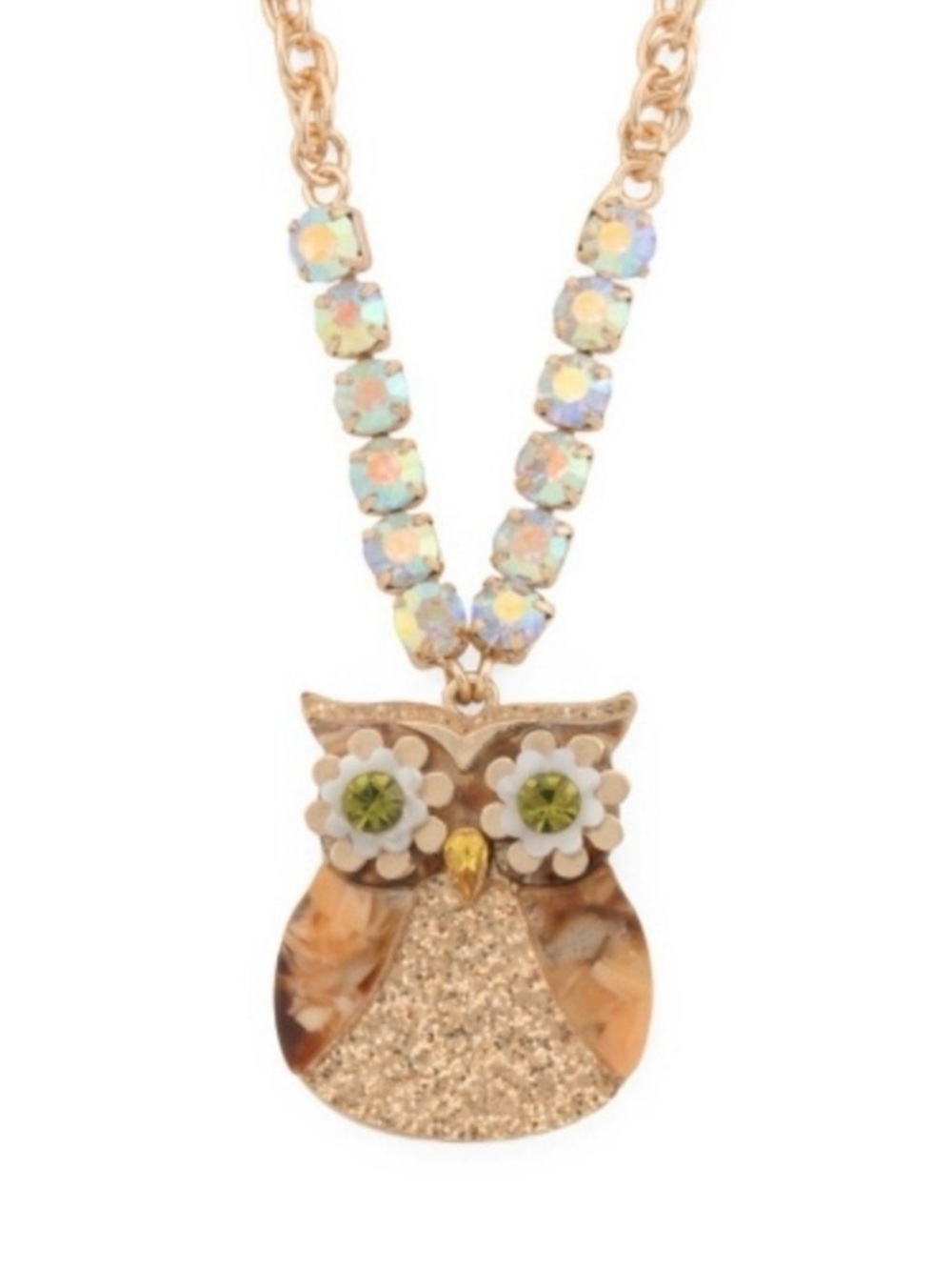 NIB Betsey Johnson Necklace Gold and Glitter Green Eyed Owl with Accent Stones